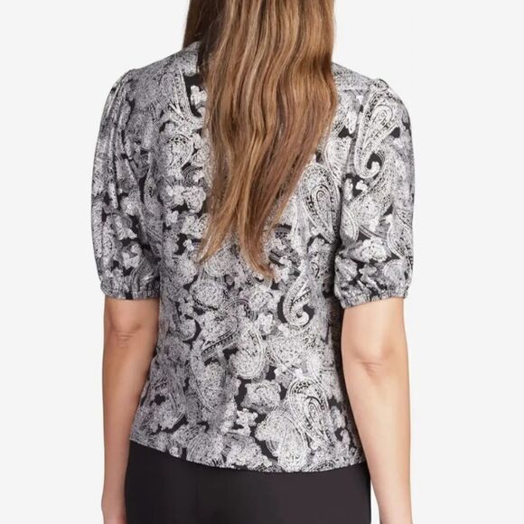 Michael Kors Black Silver Foil Paisley Wrap Top Blouse Women's Medium Tie Side - Picture 3 of 14